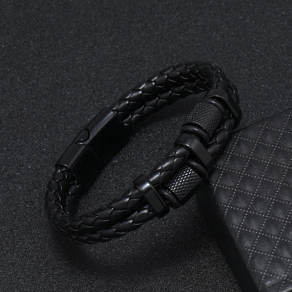 Men's Knurled Twin Braid Faux Leather Bracelet in Black – original detail
