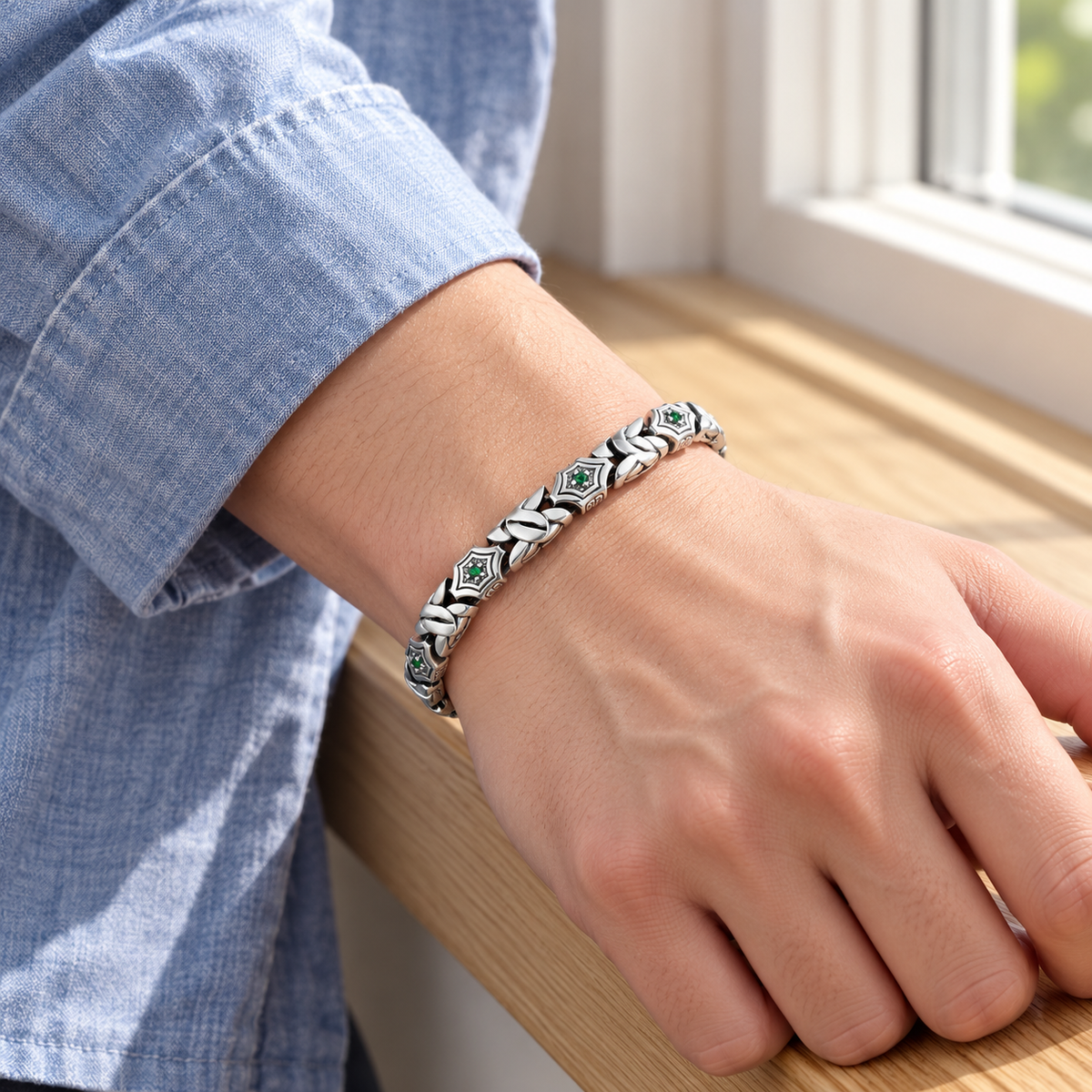 Men's Star Frame Link Bracelet in Sterling Silver – contextual scene, on wrist