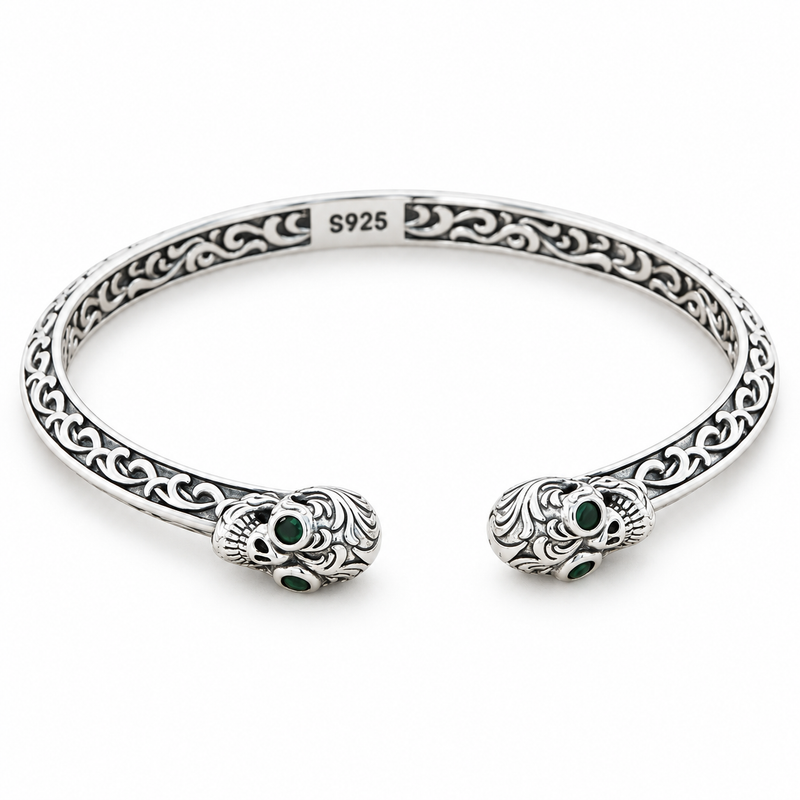 Men's Ivy Skull Open Cuff Bracelet in Sterling Silver – front view