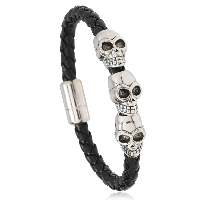 Men's Three Skull Braid Bracelet in Black – front view