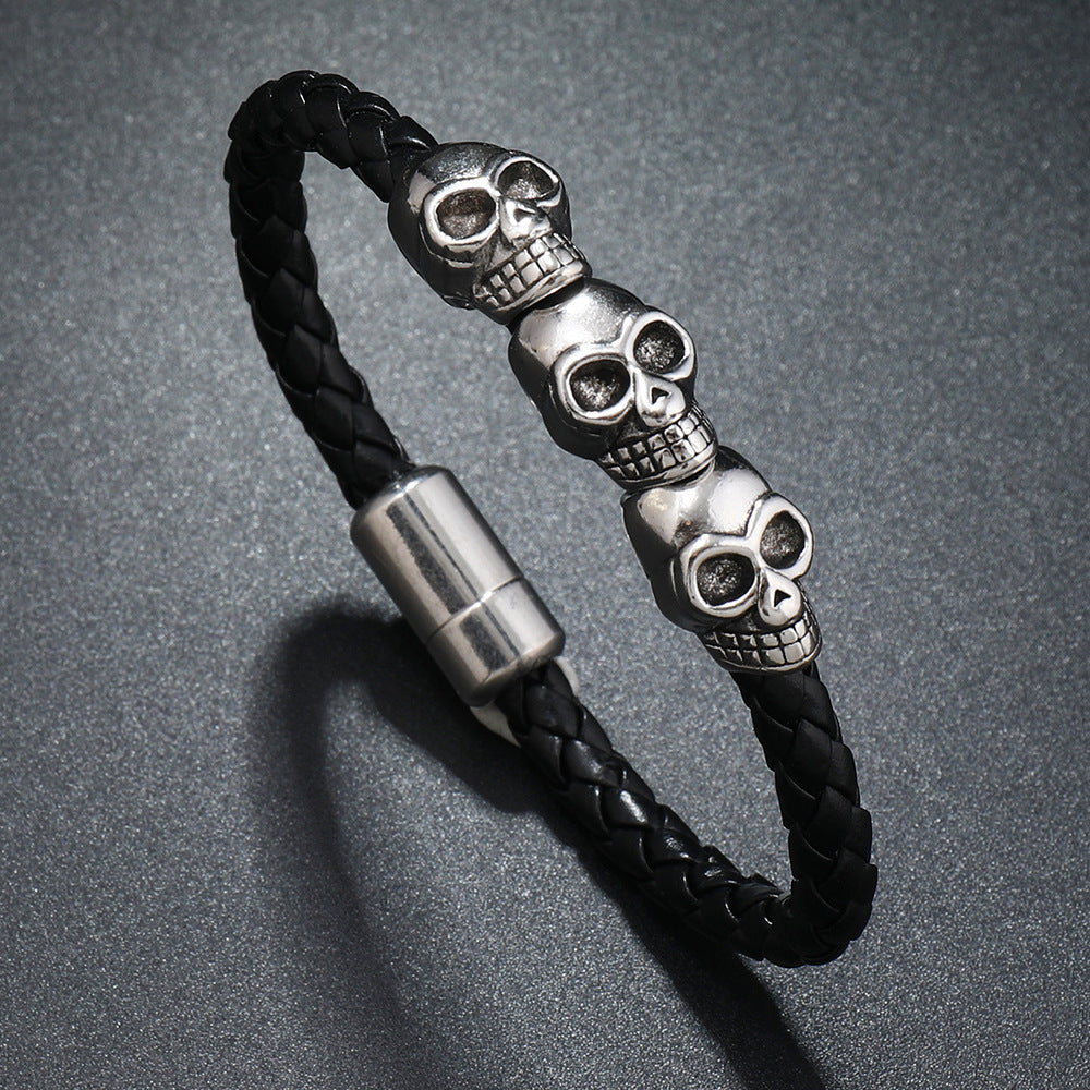 Men's Three Skull Braid Bracelet in Black – original detail