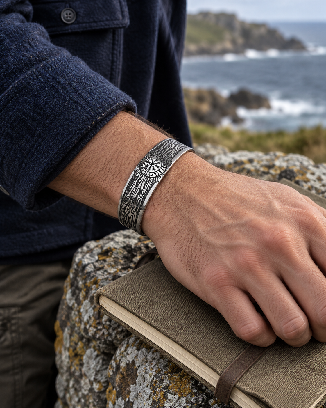 Men's Bark Compass Cuff in silver-tone Steel – contextual scene, on wrist