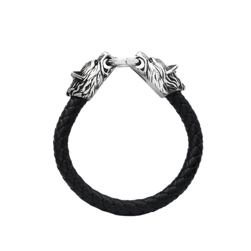 Men's Twin Wolf Faux Leather Bracelet in Faux Leather; Steel – front view