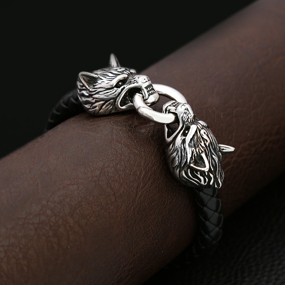 Men's Twin Wolf Faux Leather Bracelet in Faux Leather; Steel – contextual scene, on wrist