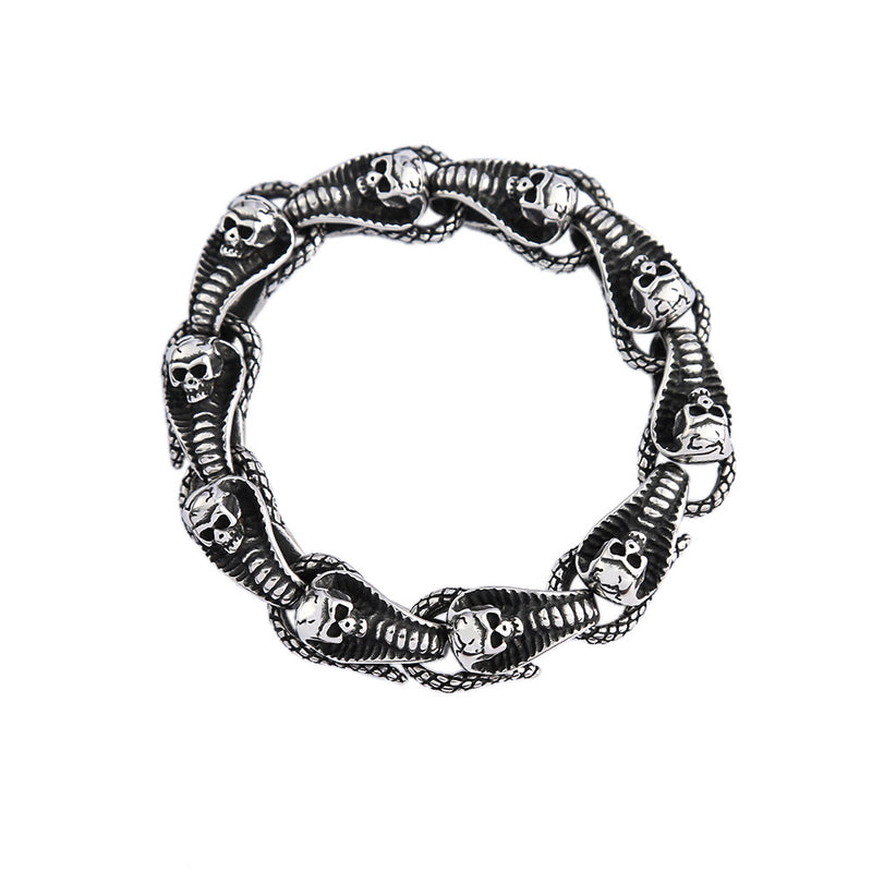 Men's Ribbed Skull Link Bracelet in Silver-Tone Stainless Steel – front view