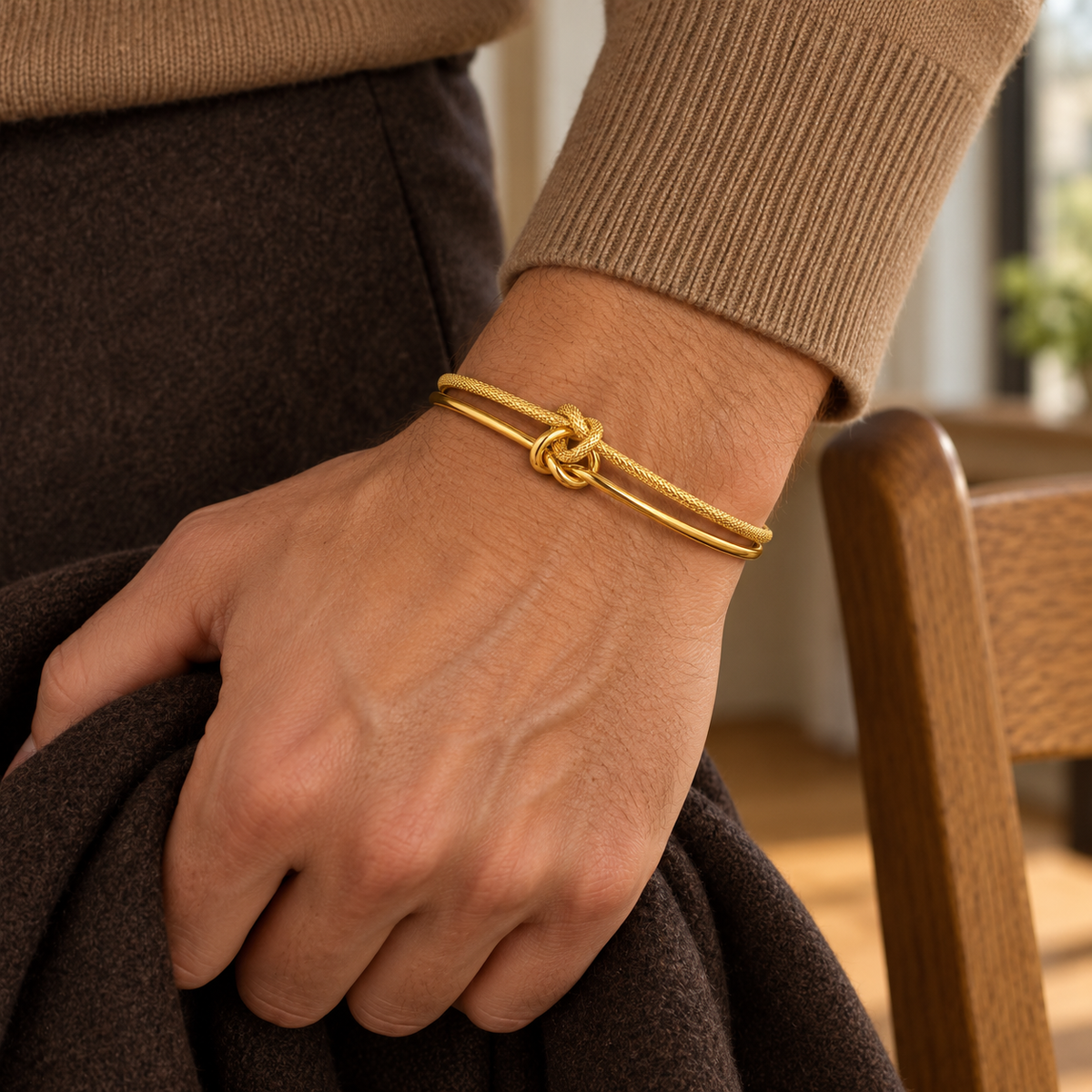 Men's Double Knot Cuff in Gold-Tone Plated Steel – contextual scene, on wrist