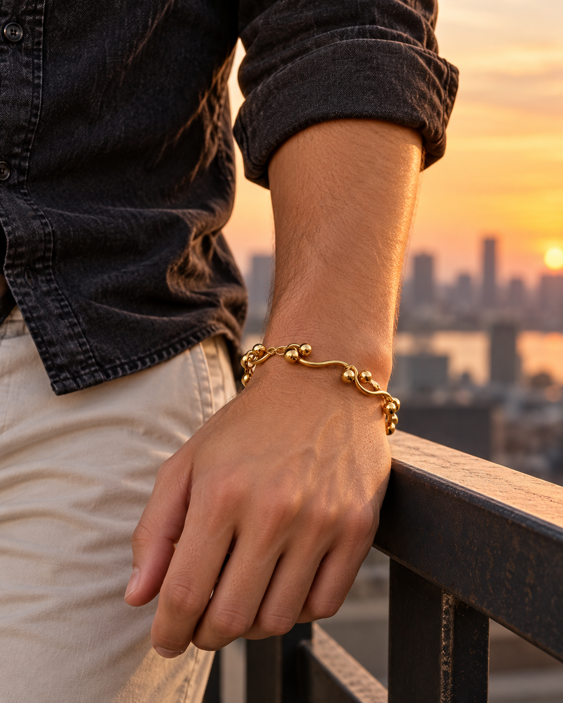 Men's Ball Tip Bar Link Bracelet in 18K Gold Plated Steel – contextual scene, on wrist with black denim