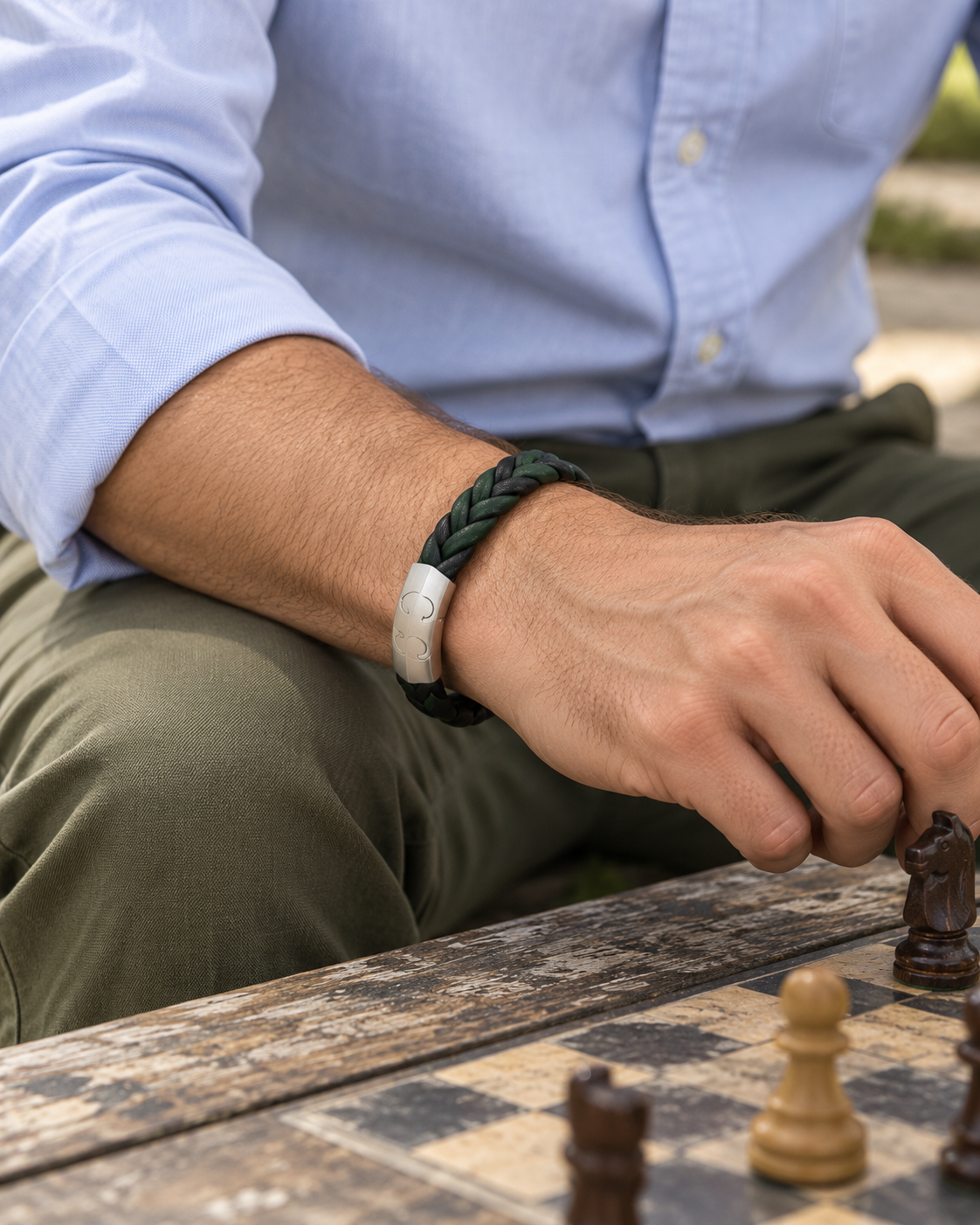 Men's Green Twist Faux Leather Bracelet in Black and Green Faux Leather and Steel – contextual scene, on wrist