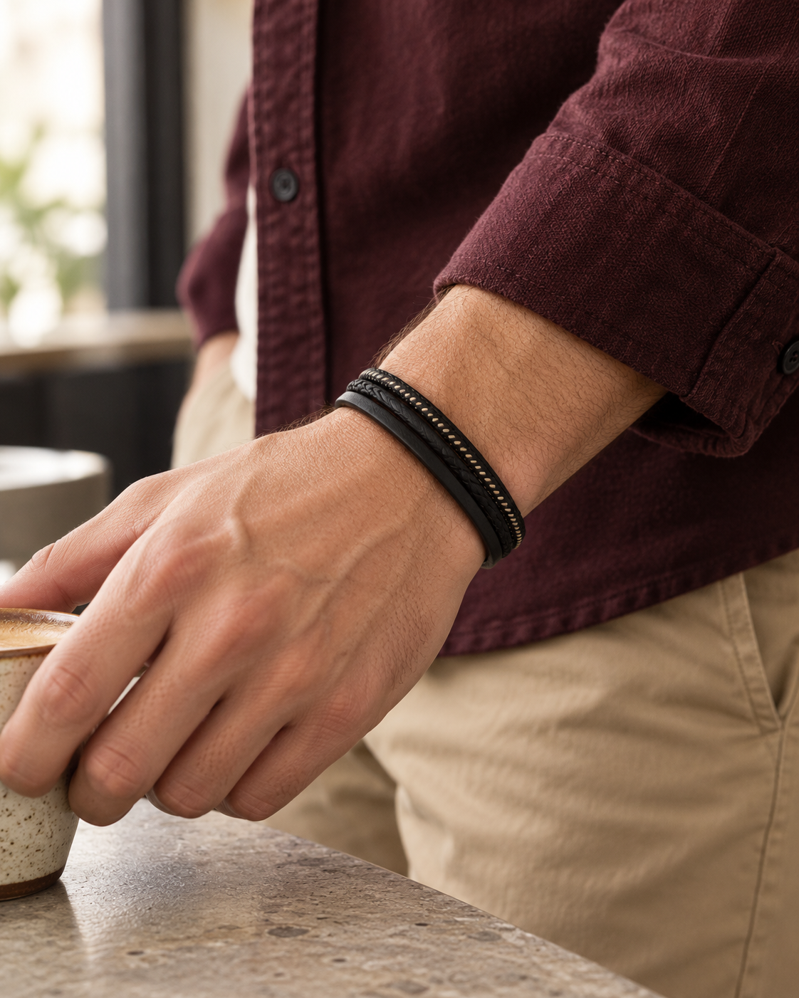 Men's Contrast Cord Faux Leather Bracelet in Black Faux Leather and Steel – contextual scene, on wrist