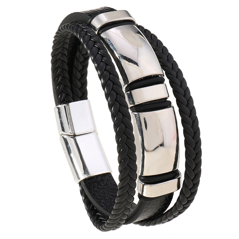 Men's Double Panel Leather Bracelet in Black – front view