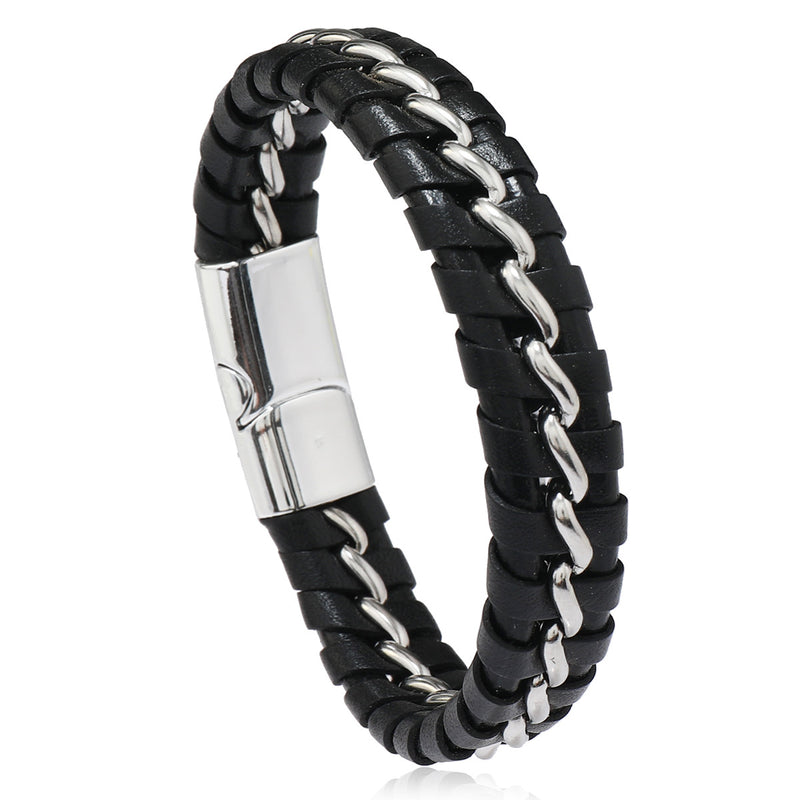 Men's Laced Chain Leather Bracelet in Black – front view