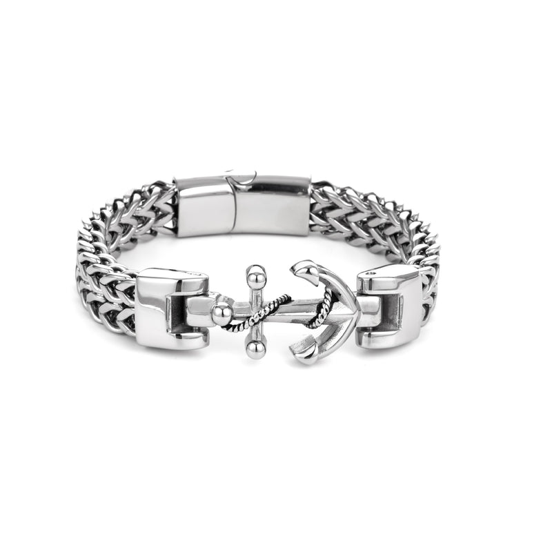 Men's Anchor Chevron Bracelet in Silver-Tone Stainless Steel – front view