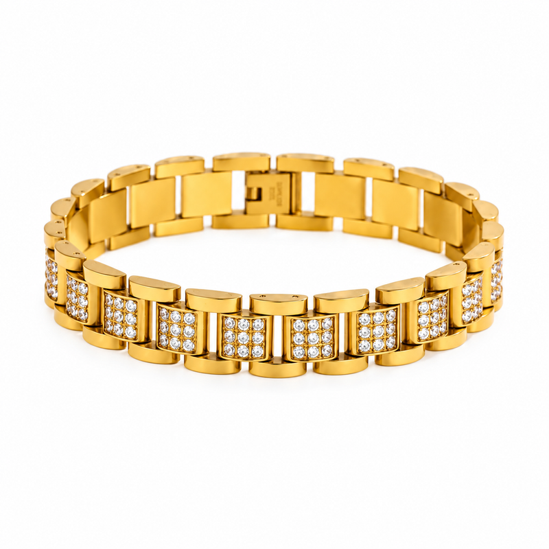 Men's Tile Light Watchband Bracelet in Gold Plated Steel; Clear Stones – front view