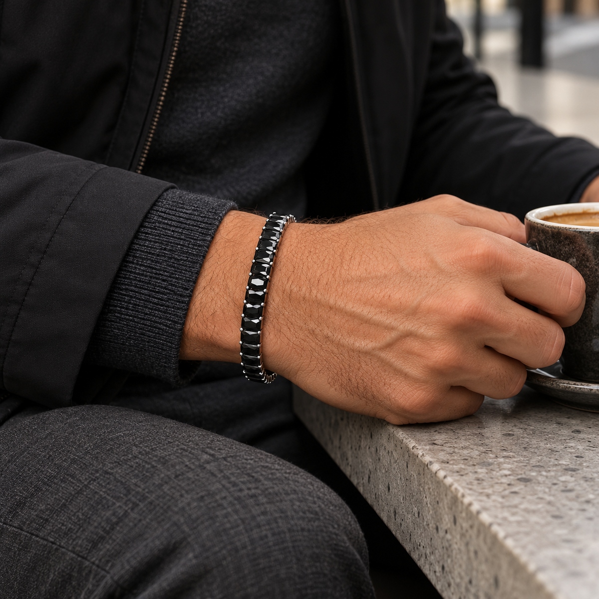 Men's Black Baguette Tennis Bracelet in Steel; Silver-Tone Finish; Black Cubic Zirconia – contextual scene, on wrist