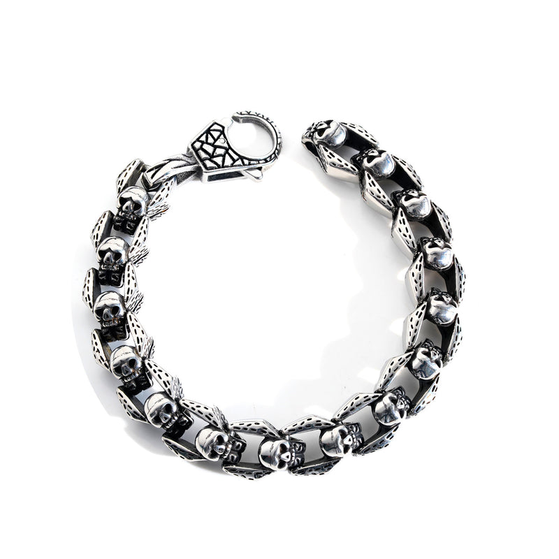 Men's Open Bone Skull Bracelet in Silver-Tone Steel – front view