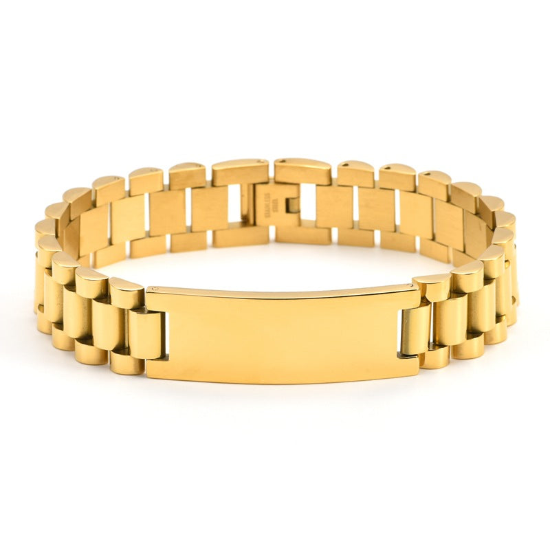 Men's Watchband ID Bracelet in Gold-Tone Plated Steel – front view