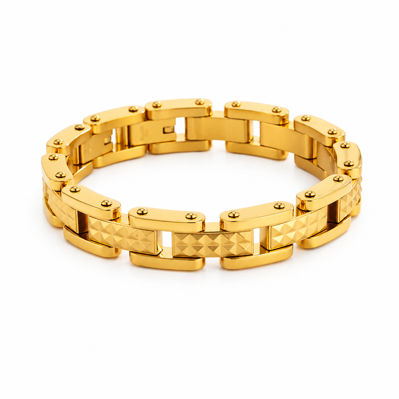 Men's Pyramid Rail Gold Plated Bracelet in 18K Gold Plated Stainless Steel – front view