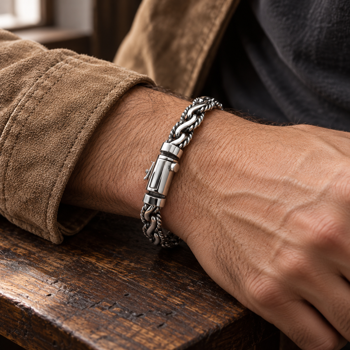 Men's Curved Bridge Chain Bracelet in Sterling Silver – contextual scene, on wrist with tan suede