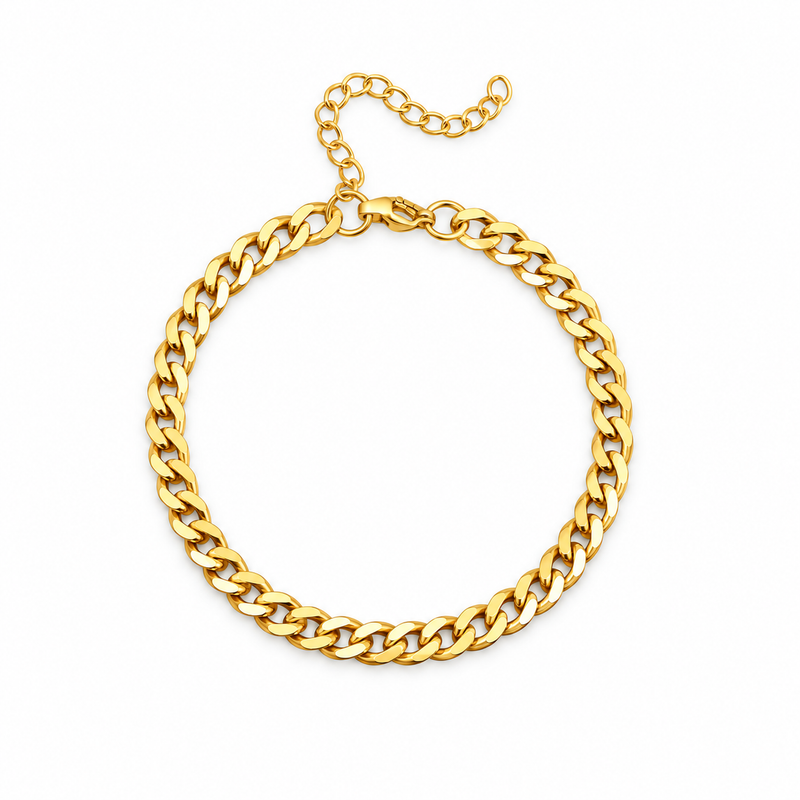 Men's Faceted Gold Curb Bracelet in 18K Gold Plated stainless steel – front view with extension chain