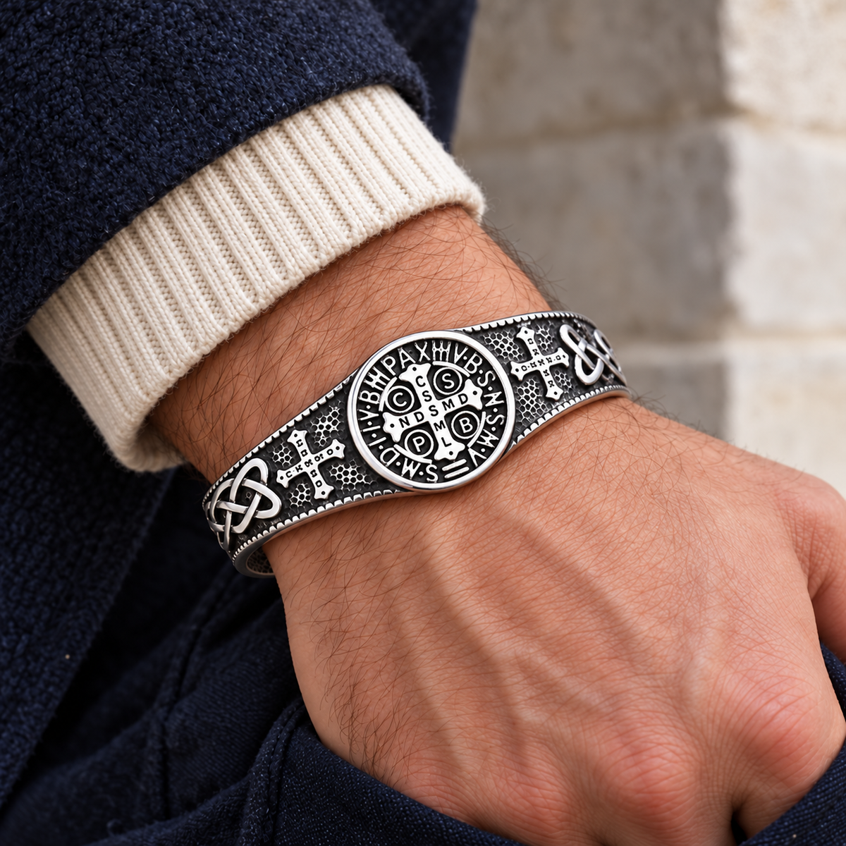 Men's Benedict Celtic Cuff in Silver-Tone Steel – contextual scene, on wrist