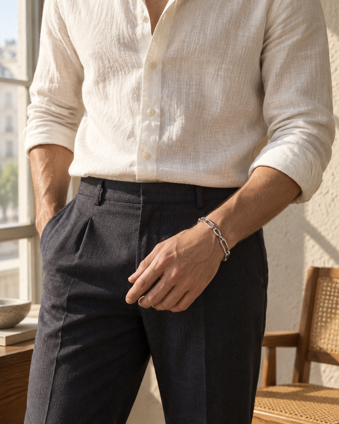 Paperclip Link Bracelet — contextual scene, torso and hands