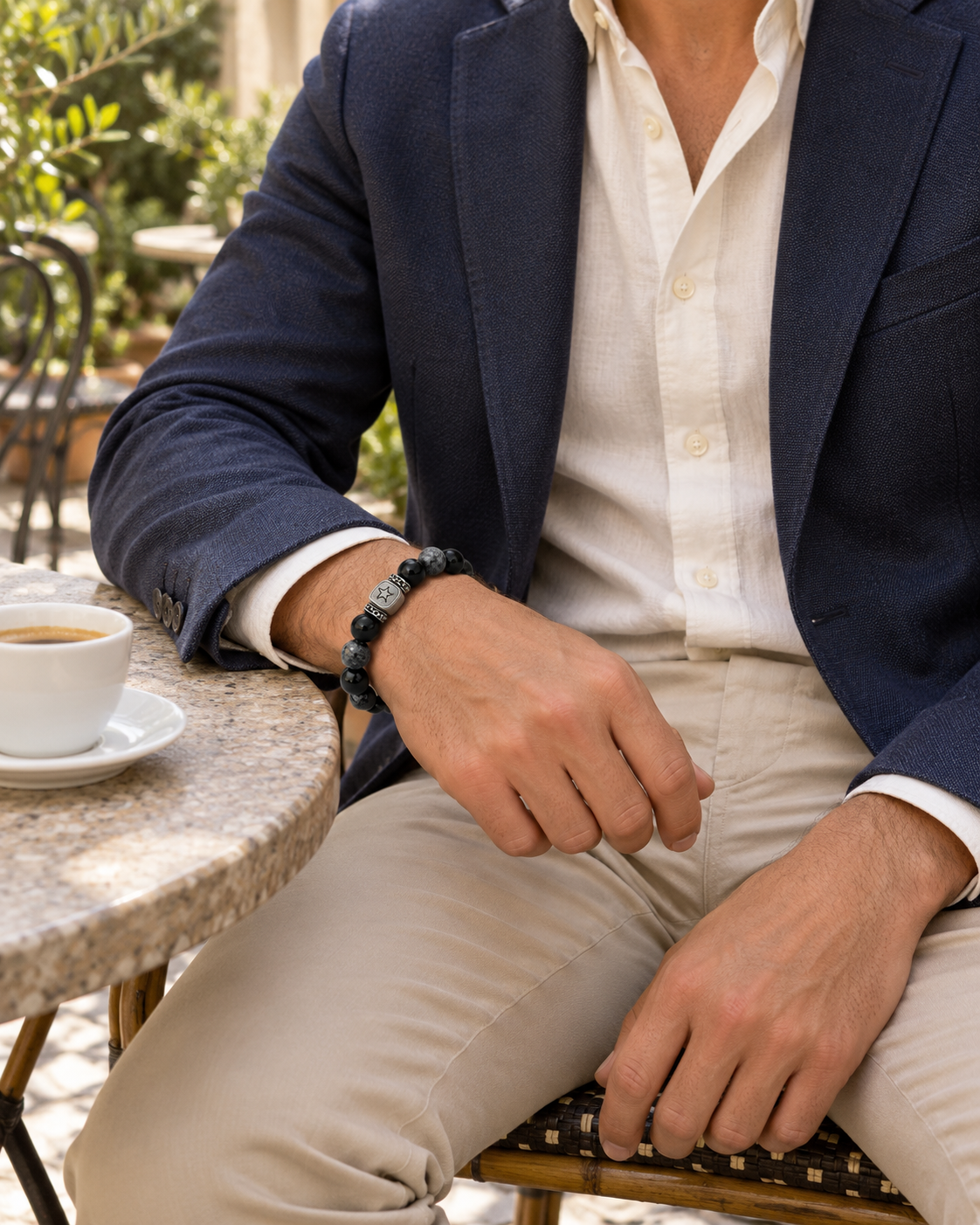 Star Accent Bead Bracelet — contextual scene, torso and hands