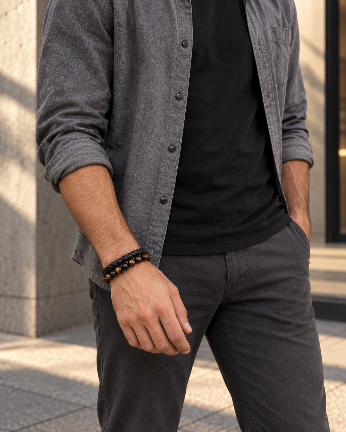 Twin Strand Bead Bracelet — contextual scene, torso and hands