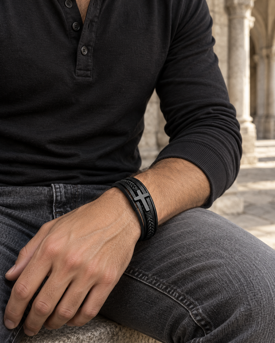 Black Cross Layer Bracelet — styling look one