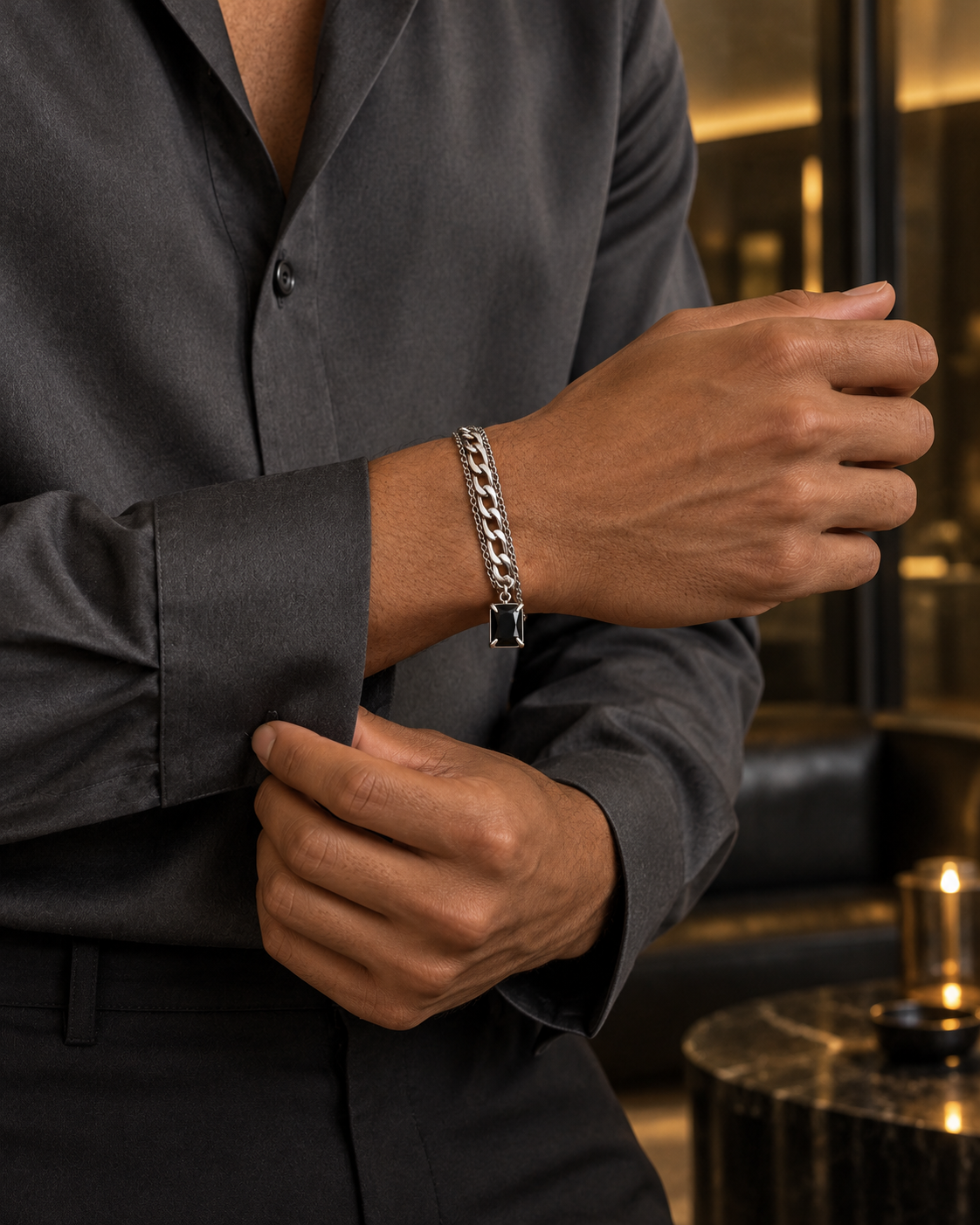 Black Gem Layer Chain Bracelet — styling look one
