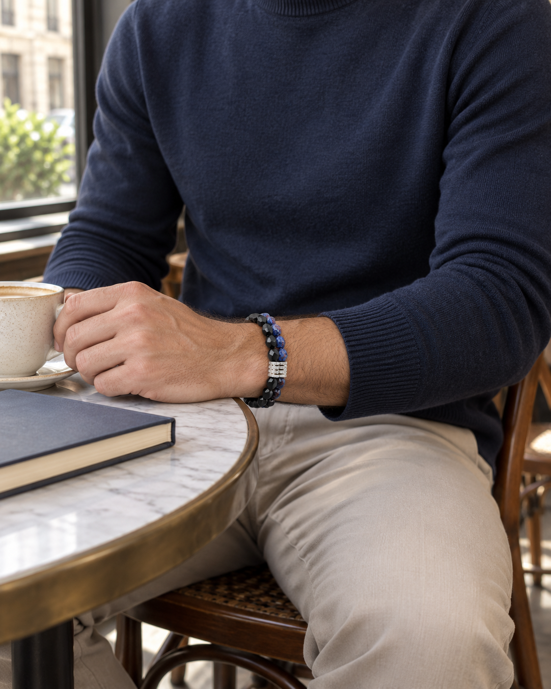 Blue Facet Bead Bracelet — contextual scene, torso and hands