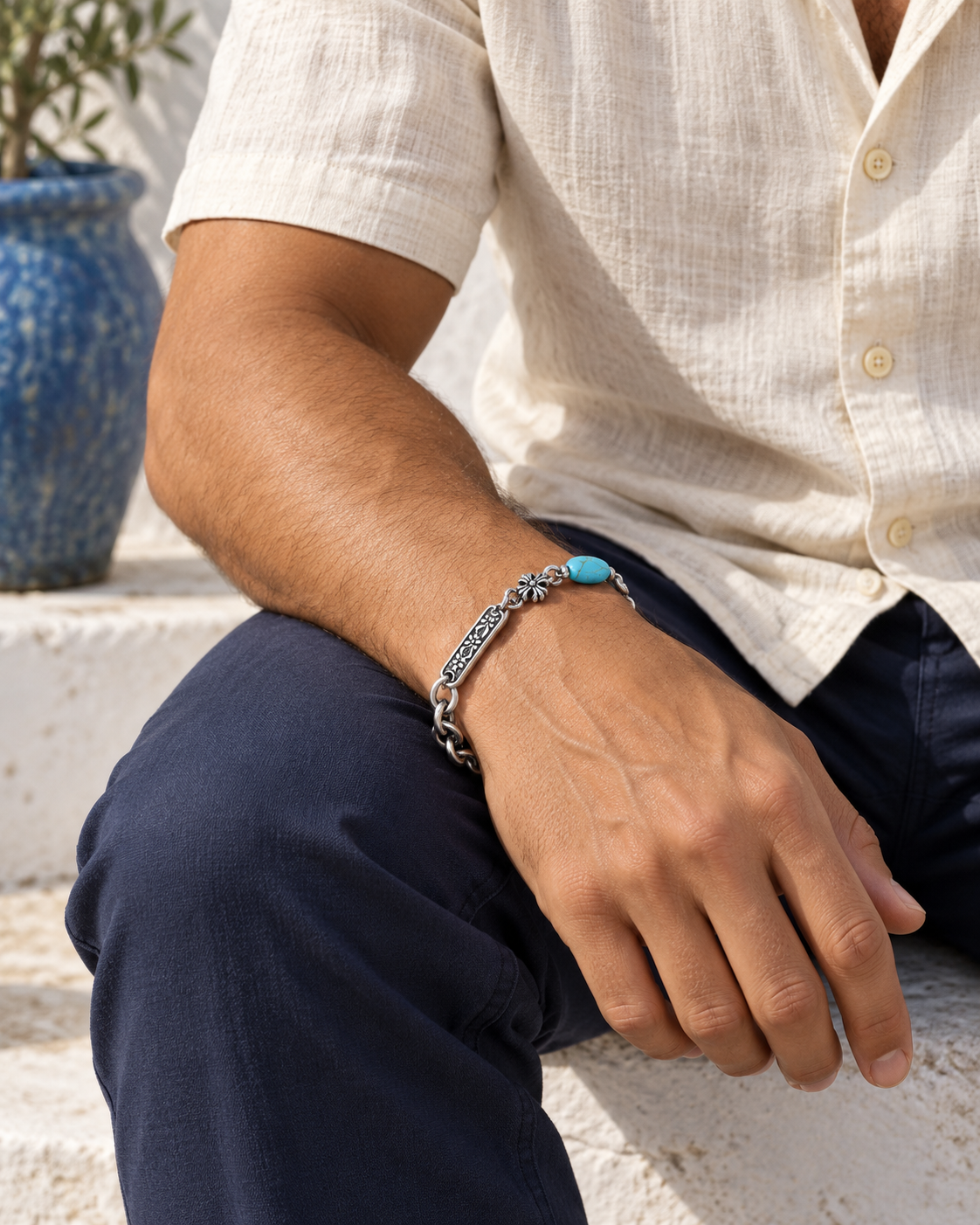 Blue Floral Bar Bracelet — styling look one