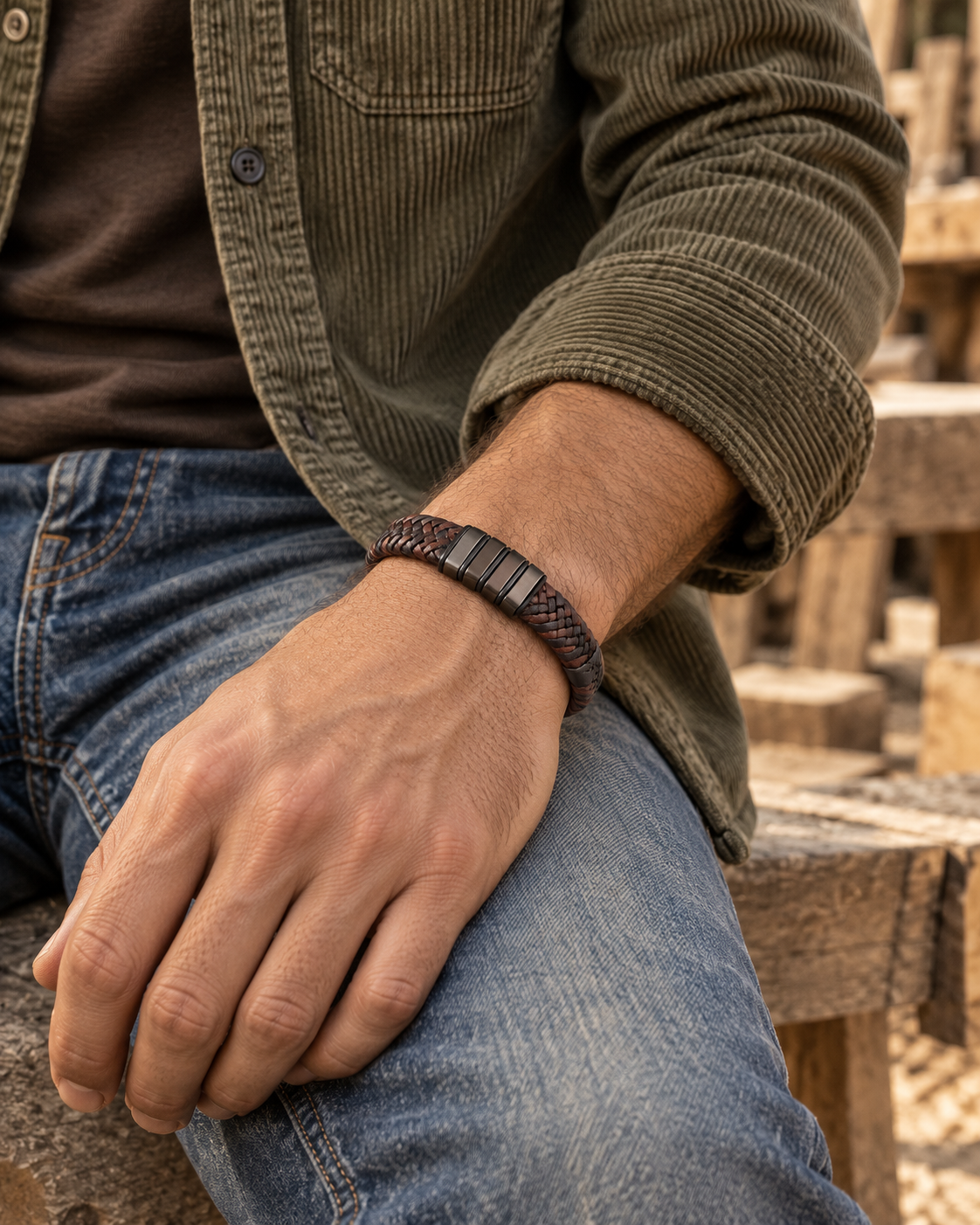Brown Five Bar Braid Bracelet — styling look one