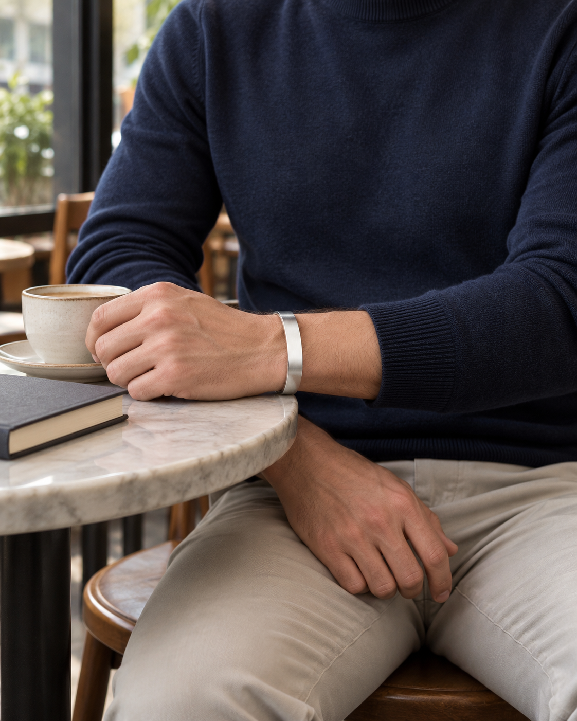 Brushed Open Cuff — contextual scene, torso and hands