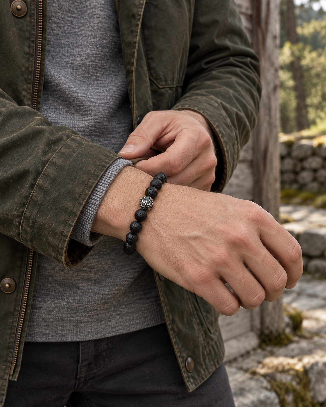 Carved Accent Lava Bracelet — styling look one