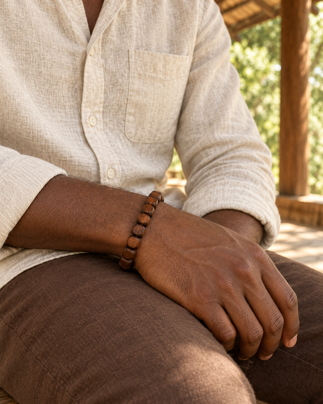 Carved Wood Bead Bracelet — styling look one