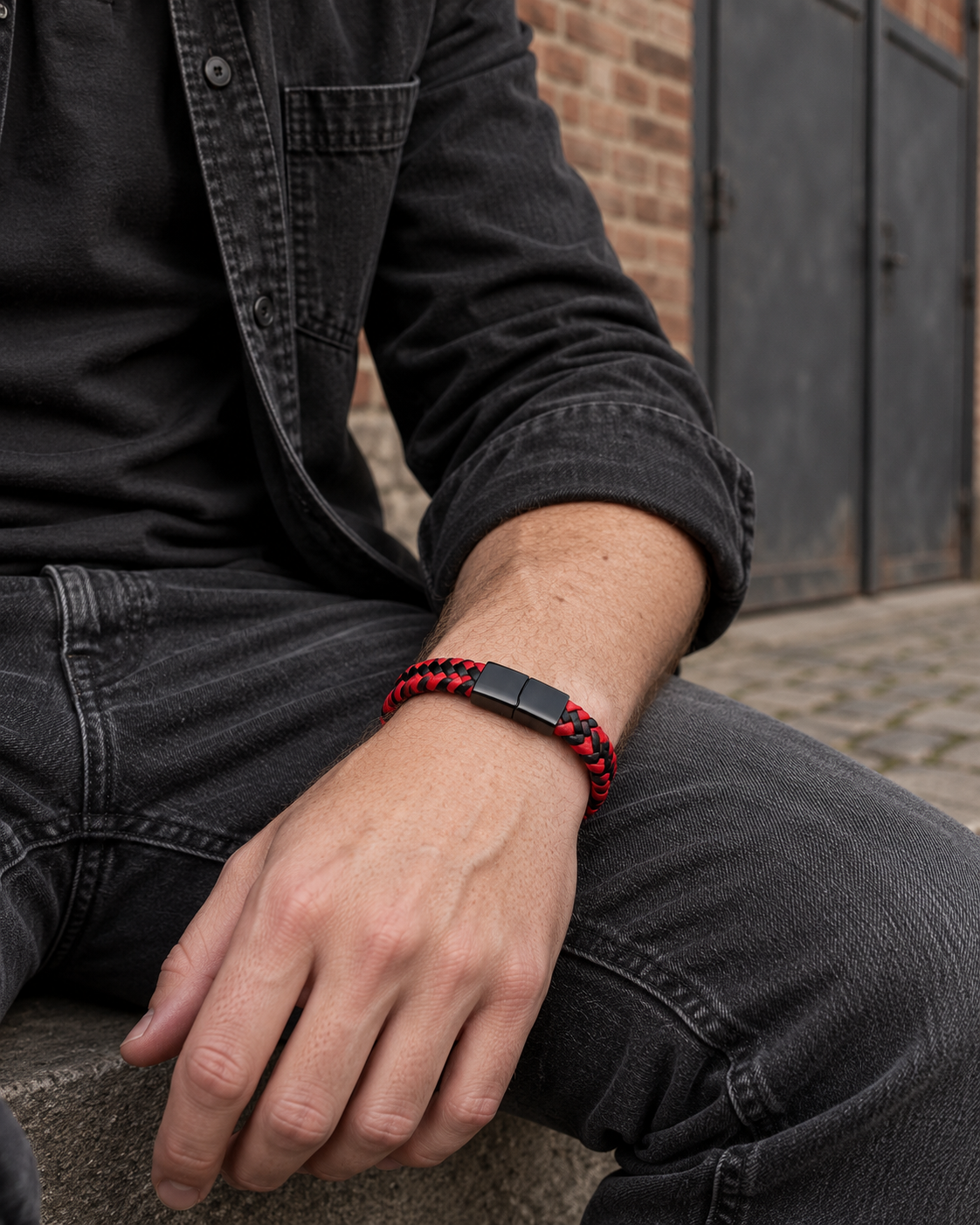 Crimson Weave Clasp Bracelet — styling look one