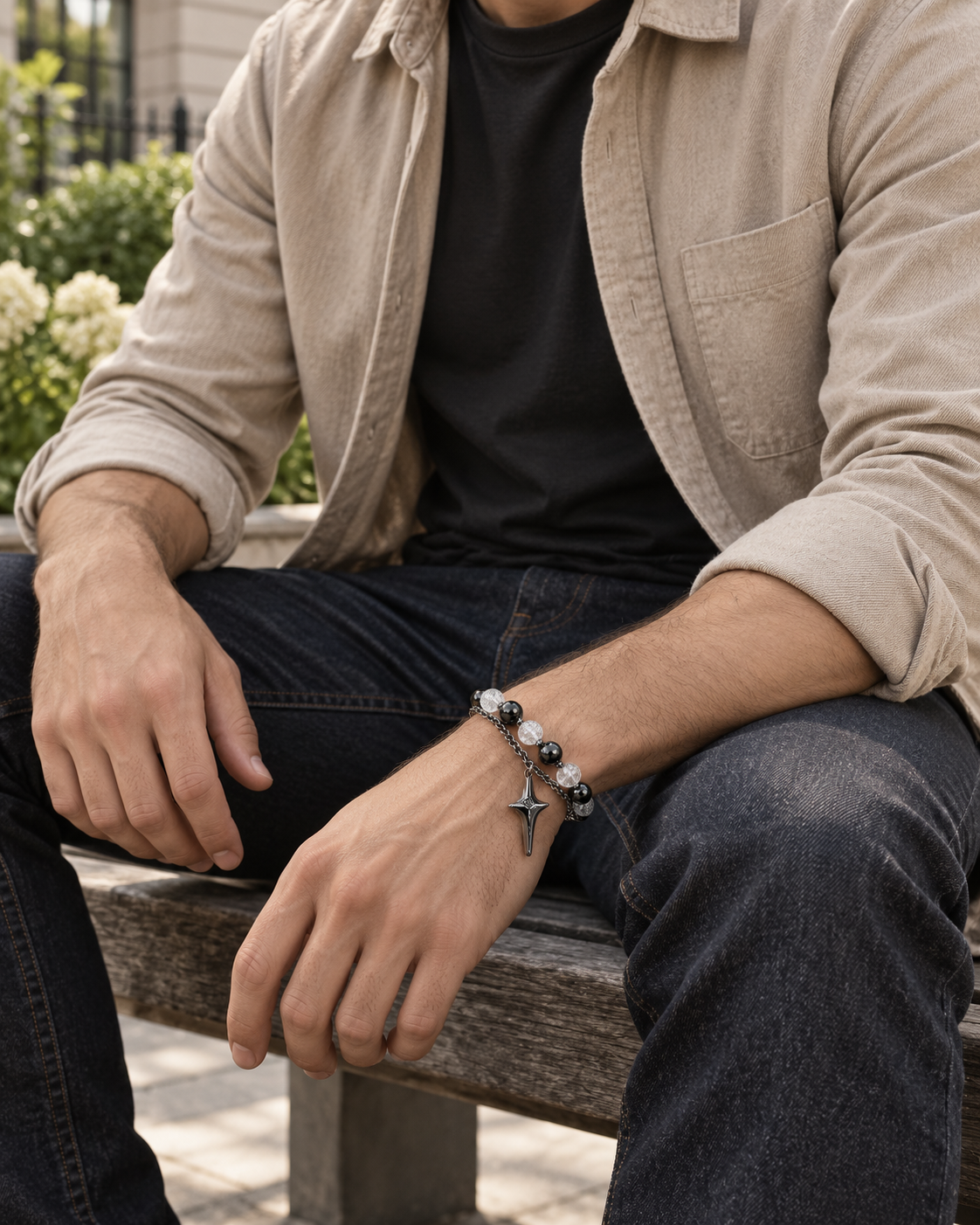 Crystal Cross Layer Bracelet — contextual scene, torso and hands