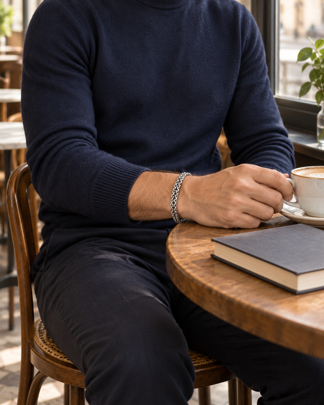 Double Wheat Link Bracelet — contextual scene, torso and hands