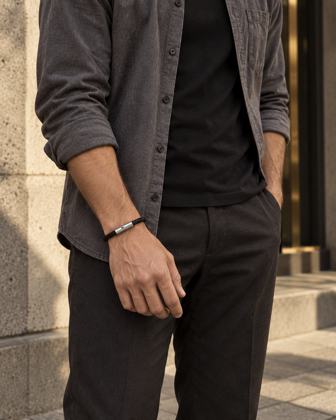 Essential Braid Bracelet — contextual scene, torso and hands