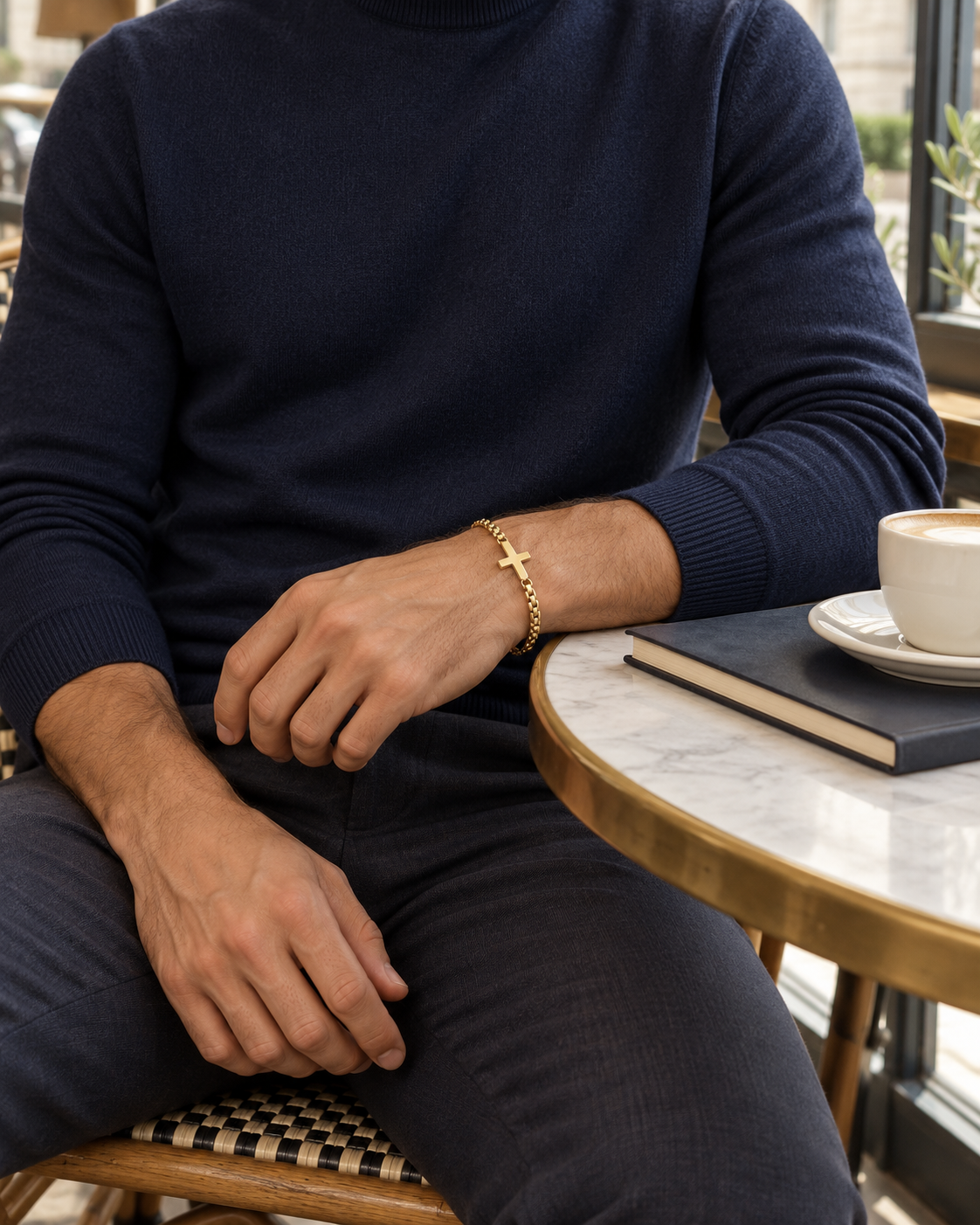 Gold Cross Link Bracelet — contextual scene, torso and hands