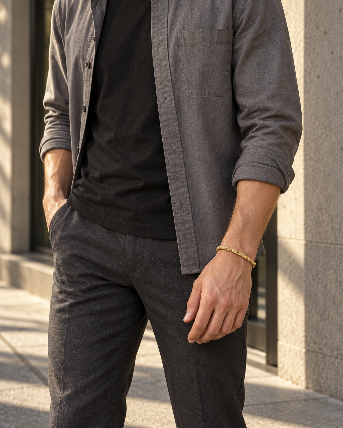 Gold Mesh Segment Bracelet — contextual scene, torso and hands