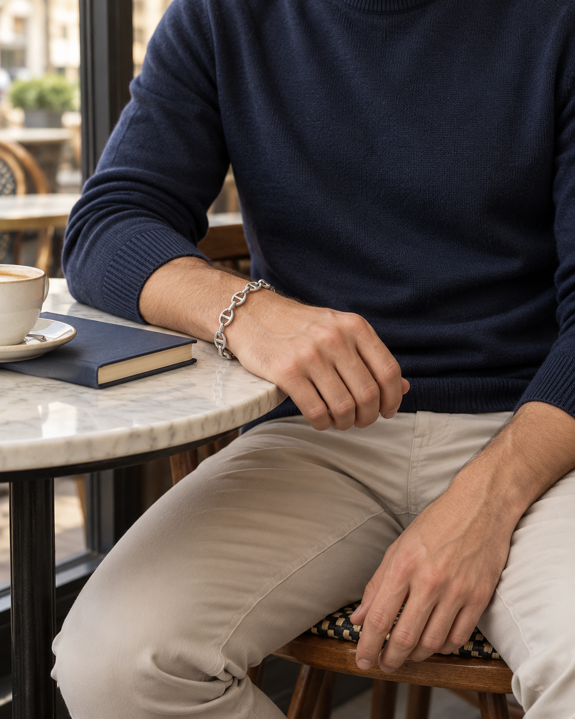 Mariner Link Bracelet — contextual scene, torso and hands