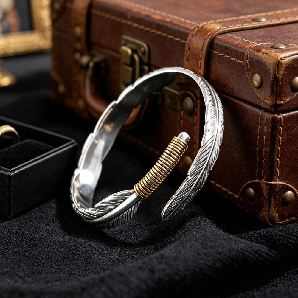 Men's Feather Open Cuff in silver-tone and gold-tone zinc alloy – angled view