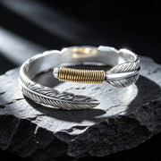 Men's Feather Open Cuff in silver-tone and gold-tone zinc alloy – angled view
