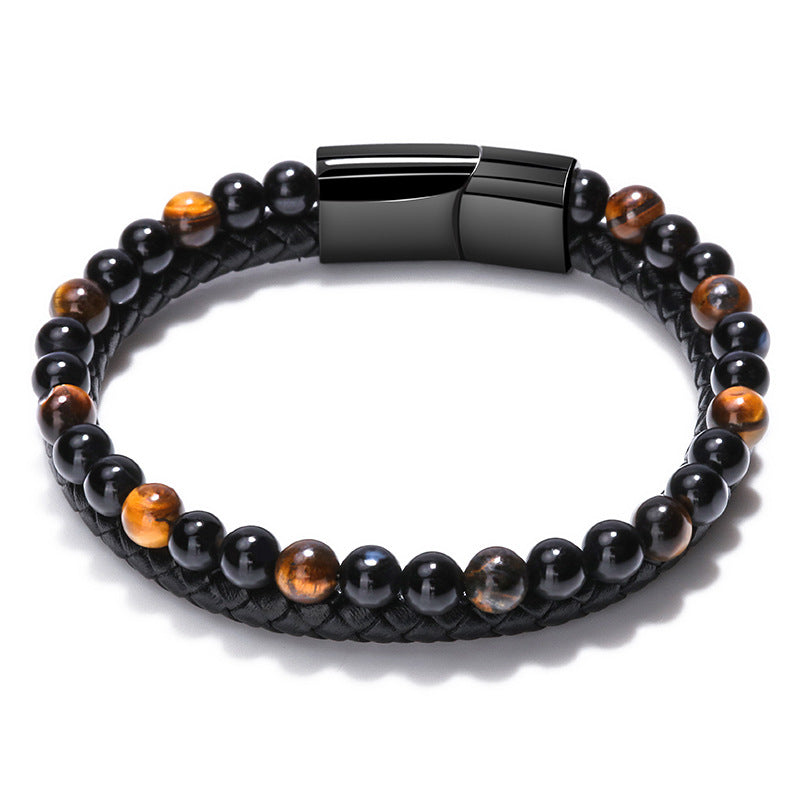 Men's Tiger Eye Braid Bracelet in black leather and tiger eye – front view
