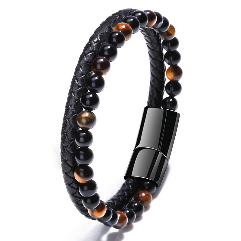 Men's Tiger Eye Braid Bracelet in black leather and tiger eye – detail