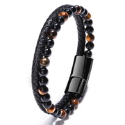 Men's Tiger Eye Braid Bracelet in black leather and tiger eye – detail