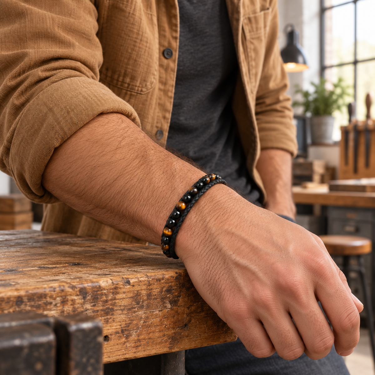 Men's Tiger Eye Braid Bracelet in Leather braid and tiger eye – on wrist