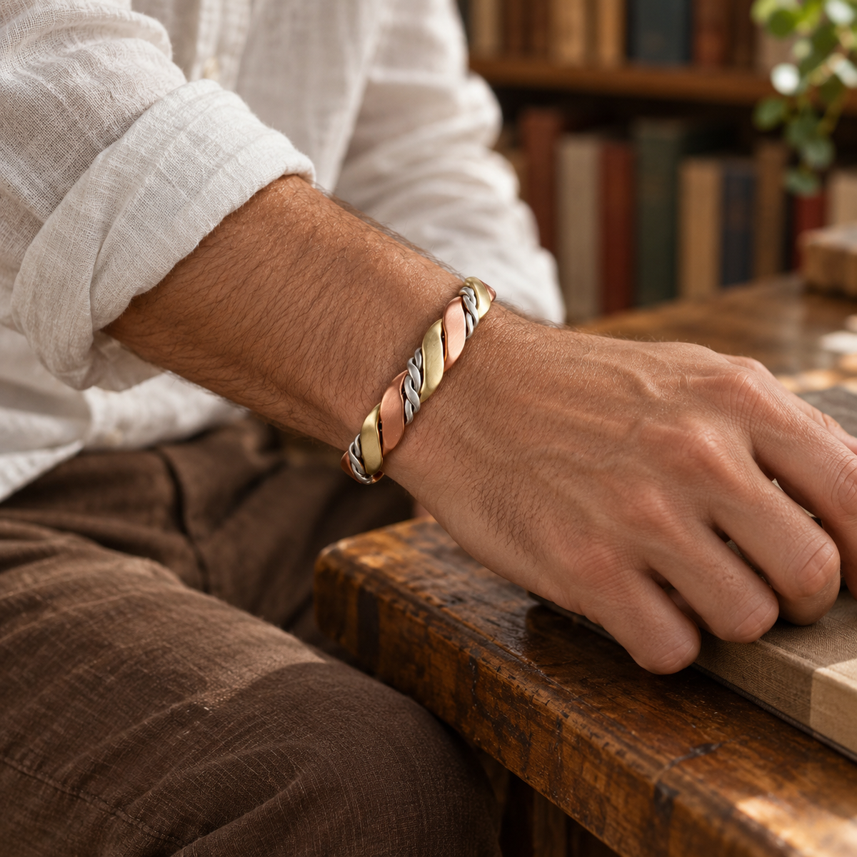 Men's Three-Tone Twisted Copper Cuff in Copper – on wrist
