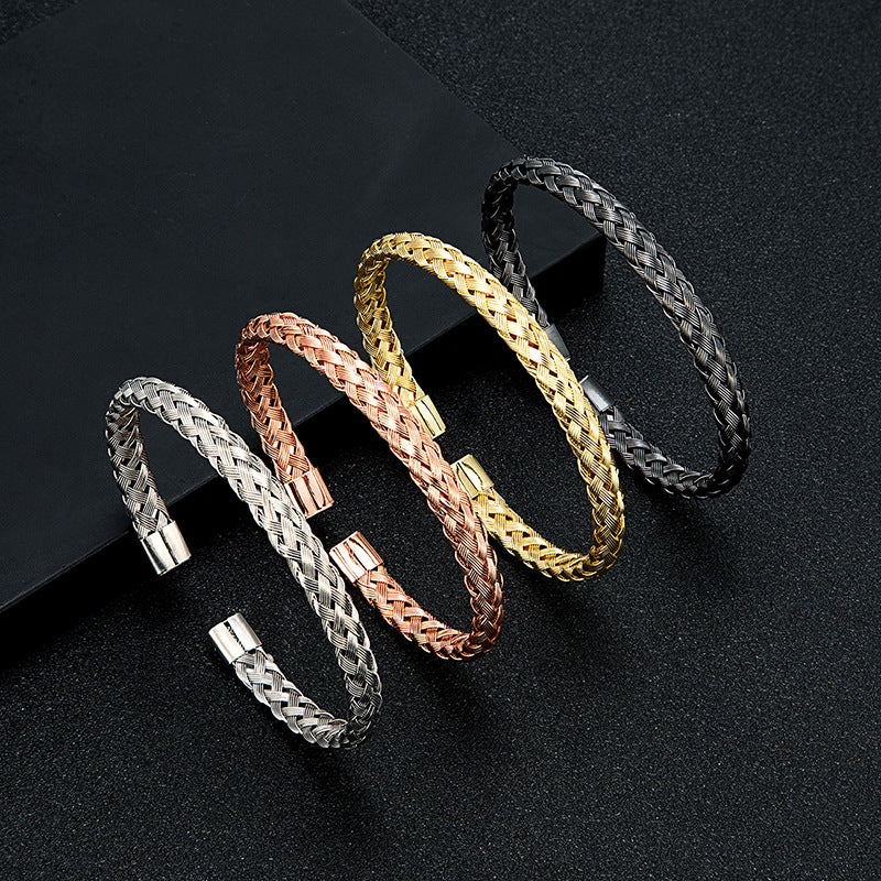 Men's Woven Wire Cuff in silver-tone, black, gold-tone and rose-gold-tone stainless steel – group view